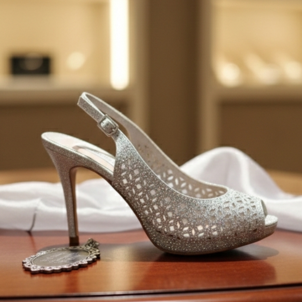 Silver Peep-Toe Slingback Heels